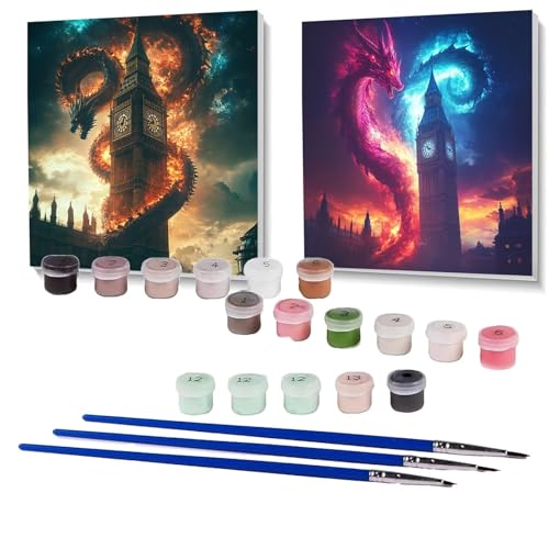 2 Pack Malen Nach Zahlen Erwachsene Drachen, Malen Nach Zahlen Kinder London, Handgemaltes Ölgemälde Set für Anfänger, Bastelset Erwachsene Paint by Numbers, Zimmer Deko Geschenke 90 x 90 cm SPYH-1087 von XELIETOO