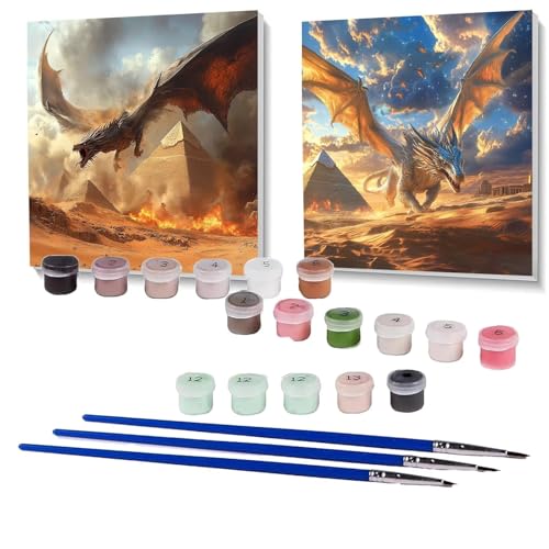 2 Pack Malen Nach Zahlen Erwachsene Drachen, Malen Nach Zahlen Kinder Pyramide, Handgemaltes Ölgemälde Set für Anfänger, Bastelset Erwachsene Paint by Numbers, Zimmer Deko Geschenke 90x90cm SPYH-1153 von XELIETOO