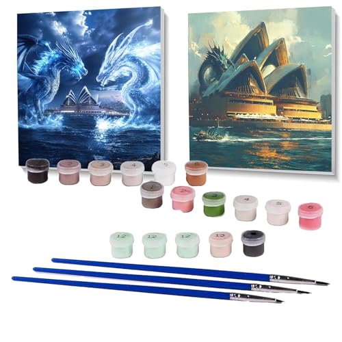 2 Pack Malen Nach Zahlen Erwachsene Drachen, Malen Nach Zahlen Kinder Stadt, Handgemaltes Ölgemälde Set für Anfänger, Bastelset Erwachsene Paint by Numbers, Zimmer Deko Geschenke 90 x 90 cm SPYH-1175 von XELIETOO