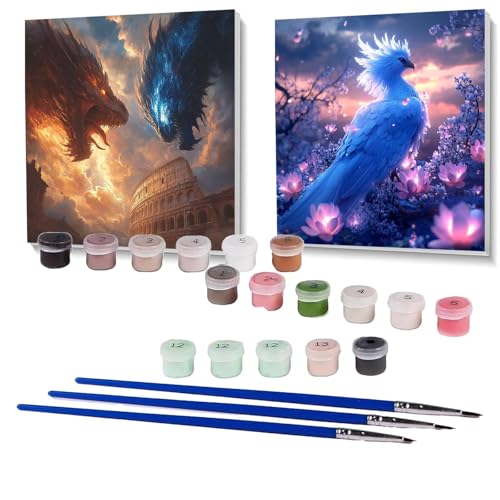 2 Pack Malen Nach Zahlen Erwachsene Drachen, Malen Nach Zahlen auf Leinwand mit Pinsel und Acrylfarben set 90 x 90cm, Bastelset Erwachsene Phönix, für Deko Wohnzimmer und Geschenke für Frauen SPYH1164 von XELIETOO