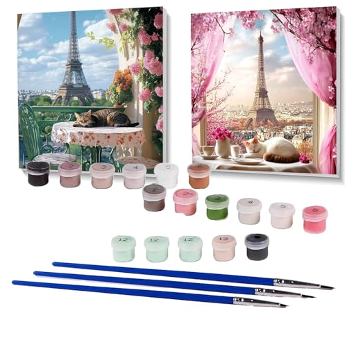 2 Pack Malen Nach Zahlen Erwachsene Eiffelturm, Malen Nach Zahlen auf Leinwand mit Pinsel und Acrylfarben set 90x90 cm, Bastelset Erwachsene Katze, für Deko Wohnzimmer und Geschenke SPYH- 1010 von XELIETOO