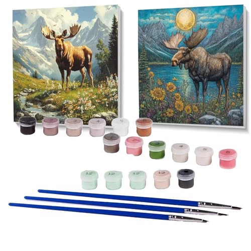 2 Pack Malen Nach Zahlen Erwachsene Elch, Malen Nach Zahlen Kinder Blume, Handgemaltes Ölgemälde Set für Anfänger, Bastelset Erwachsene Paint by Numbers, Zimmer Deko, Geschenke 90 x 90 cm SPYH-911 von XELIETOO