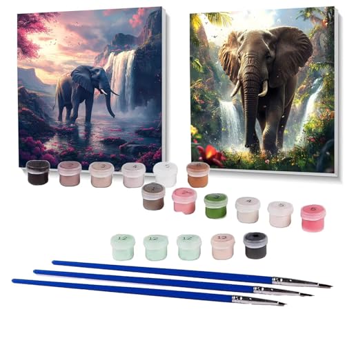 2 Pack Malen Nach Zahlen Erwachsene Elefant, Malen Nach Zahlen Kinder Blume, Handgemaltes Ölgemälde Set für Anfänger, Bastelset Erwachsene Paint by Numbers, Zimmer Deko, Geschenke 90x90cm SPYH-273 von XELIETOO