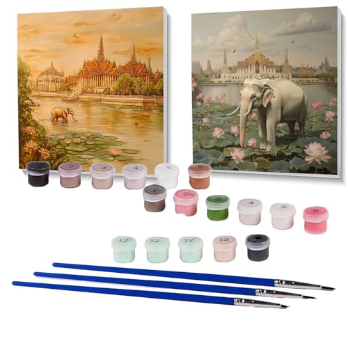 2 Pack Malen Nach Zahlen Erwachsene Elefant, Malen Nach Zahlen Kinder Tempel, Handgemaltes Ölgemälde Set für Anfänger, Bastelset Erwachsene Paint by Numbers, Zimmer Deko Geschenke 100x100 cm SPYH-263 von XELIETOO