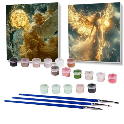 2 Pack Malen Nach Zahlen Erwachsene Engel, Malen Nach Zahlen auf Leinwand mit Pinsel und Acrylfarben set 100x100cm, Bastelset Erwachsene Mond, für Deko Wohnzimmer, Geschenke (Rahmenlos) SPYH-450 von XELIETOO