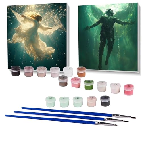 2 Pack Malen Nach Zahlen Erwachsene Engel, Malen Nach Zahlen auf Leinwand mit Pinsel und Acrylfarben set 90 x 90cm, Bastelset Erwachsene Meer, für Deko Wohnzimmer, Geschenke (Rahmenlos) SPYH-504 von XELIETOO