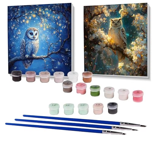 2 Pack Malen Nach Zahlen Erwachsene Eule, Malen Nach Zahlen Kinder Blume, Handgemaltes Ölgemälde Set für Anfänger, Bastelset Erwachsene Paint by Numbers, Zimmer Deko, Geschenke 90x90cm SPYH-933 von XELIETOO