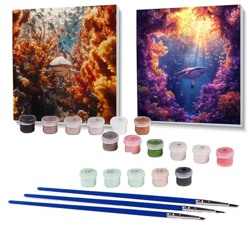 2 Pack Malen Nach Zahlen Erwachsene Fisch, Malen Nach Zahlen Kinder Hai, Handgemaltes Ölgemälde Set für Anfänger, Bastelset Erwachsene Paint by Numbers, Zimmer Deko, Deko Wohnzimmer 90x90cm SPYH-757 von XELIETOO