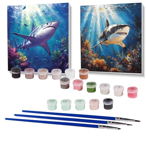 2 Pack Malen Nach Zahlen Erwachsene Hai, Malen Nach Zahlen auf Leinwand mit Pinsel und Acrylfarben set 90x90 cm, Bastelset Erwachsene Fisch, für Deko Wohnzimmer und Geschenke (Rahmenlos) SPYH-746 von XELIETOO