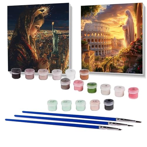 2 Pack Malen Nach Zahlen Erwachsene Heilige Mutter, Malen Nach Zahlen Kinder Stadt, Handgemaltes Ölgemälde Set für Anfänger, Bastelset Erwachsene Paint by Numbers, Geschenke für Frauen 50x50cm SPYH665 von XELIETOO