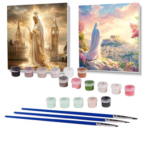 2 Pack Malen Nach Zahlen Erwachsene Heilige Mutter, Malen Nach Zahlen auf Leinwand mit Pinsel und Acrylfarben set 90 x 90cm, Bastelset Erwachsene London, für Deko Wohnzimmer, Geschenke SPYH-680 von XELIETOO