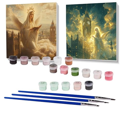 2 Pack Malen Nach Zahlen Erwachsene Heilige Mutter, Malen Nach Zahlen auf Leinwand mit Pinsel und Acrylfarben set 90 x 90cm, Bastelset Erwachsene London, für Deko Wohnzimmer Geschenke SPYH-1076 von XELIETOO