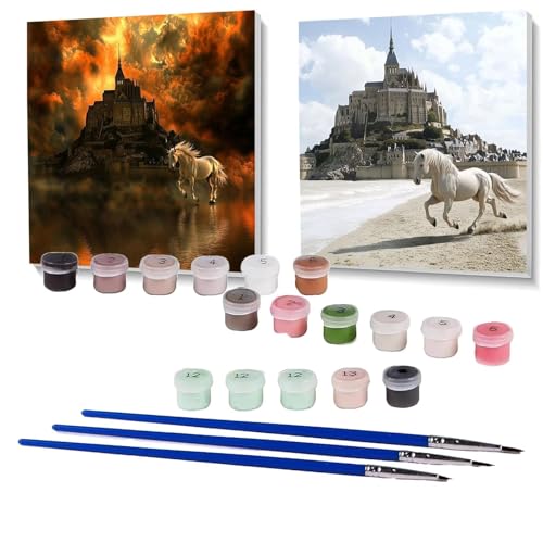 2 Pack Malen Nach Zahlen Erwachsene Horse, Malen Nach Zahlen auf Leinwand mit Pinsel und Acrylfarben set 90 x 90cm, Bastelset Erwachsene Burg, für Deko Wohnzimmer, Geschenke (Rahmenlos) SPYH-1032 von XELIETOO