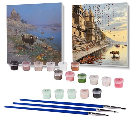 2 Pack Malen Nach Zahlen Erwachsene Indien, Malen Nach Zahlen Kinder Ochse, Handgemaltes Ölgemälde Set für Anfänger, Bastelset Erwachsene Paint by Numbers, Zimmer Deko, Geschenke 90x90cm SPYH-845 von XELIETOO