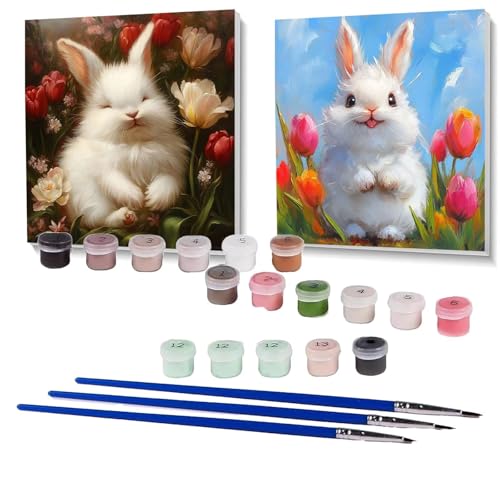 2 Pack Malen Nach Zahlen Erwachsene Kaninchen, Malen Nach Zahlen Kinder Blume, Handgemaltes Ölgemälde Set für Anfänger, Bastelset Erwachsene Paint by Numbers, Zimmer Deko Geschenke 100x100 cm SPYH-351 von XELIETOO