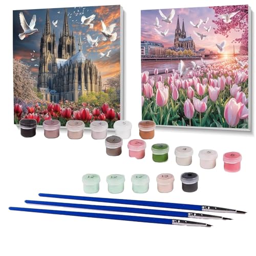 2 Pack Malen Nach Zahlen Erwachsene Kathedrale Sagrada Familia, Malen Nach Zahlen Kinder Blume, Handgemaltes Ölgemälde Set für Anfänger, Bastelset Erwachsene Paint by Numbers 90 x 90 cm SPYH-735 von XELIETOO