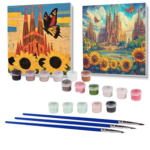 2 Pack Malen Nach Zahlen Erwachsene Kathedrale Sagrada Familia, Malen Nach Zahlen Kinder Sonnenblume, Handgemaltes Ölgemälde Set für Anfänger, Bastelset Erwachsene Paint by Numbers 90 x 90 cm SPYH-295 von XELIETOO