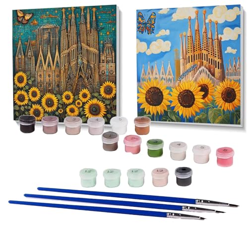 2 Pack Malen Nach Zahlen Erwachsene Kathedrale Sagrada Familia, Malen Nach Zahlen auf Leinwand mit Pinsel und Acrylfarben set 90 x 90cm, Bastelset Erwachsene Sonnenblume, für Deko Wohnzimmer SPYH- 724 von XELIETOO