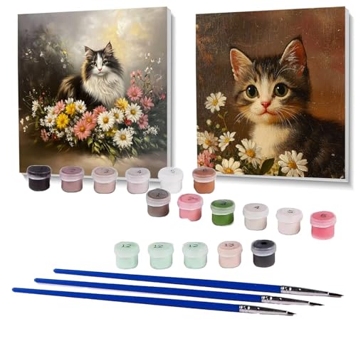 2 Pack Malen Nach Zahlen Erwachsene Katze, Malen Nach Zahlen Kinder Blume, Handgemaltes Ölgemälde Set für Anfänger, Bastelset Erwachsene Paint by Numbers, Deko Wohnzimmer Geschenke 100 x 100cm SPYH989 von XELIETOO