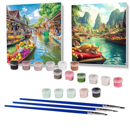 2 Pack Malen Nach Zahlen Erwachsene Katze, Malen Nach Zahlen Kinder Landschaft, Handgemaltes Ölgemälde Set für Anfänger, Bastelset Erwachsene Paint by Numbers, Zimmer Deko Geschenke 30x30cm SPYH-971 von XELIETOO