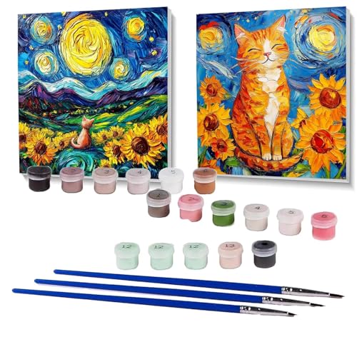 2 Pack Malen Nach Zahlen Erwachsene Katze, Malen Nach Zahlen auf Leinwand mit Pinsel und Acrylfarben set 90x90 cm, Bastelset Erwachsene Sonnenblume, für Deko Wohnzimmer und Geschenke SPYH- 966 von XELIETOO