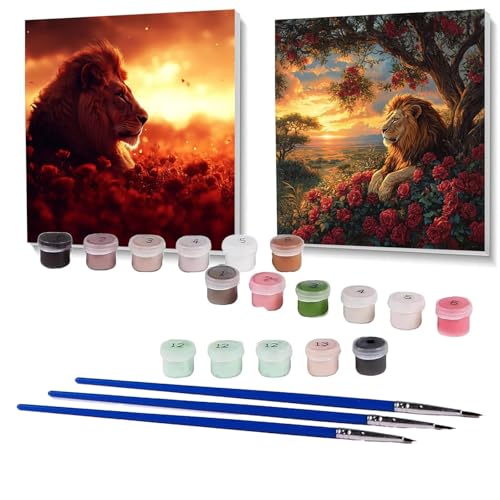 2 Pack Malen Nach Zahlen Erwachsene Löwe, Malen Nach Zahlen Kinder Blume, Handgemaltes Ölgemälde Set für Anfänger, Bastelset Erwachsene Paint by Numbers, Zimmer Deko, Geschenke 100 x 100cm SPYH-637 von XELIETOO