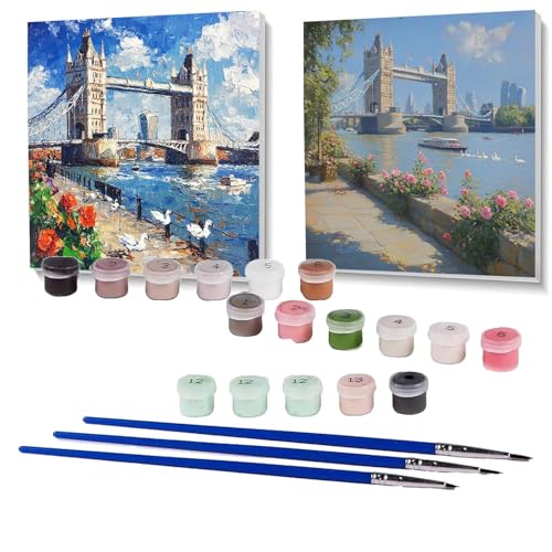 2 Pack Malen Nach Zahlen Erwachsene London Bridge, Malen Nach Zahlen Kinder London, Handgemaltes Ölgemälde Set für Anfänger, Bastelset Erwachsene Paint by Numbers, Deko Wohnzimmer 90x90cm SPYH-1065 von XELIETOO