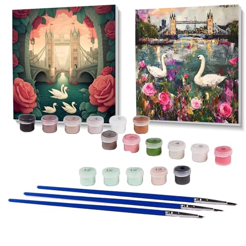 2 Pack Malen Nach Zahlen Erwachsene London Bridge, Malen Nach Zahlen auf Leinwand mit Pinsel und Acrylfarben set 90x90 cm, Bastelset Erwachsene Schwan, für Deko Wohnzimmer, Deko Wohnzimmer SPYH-1054 von XELIETOO