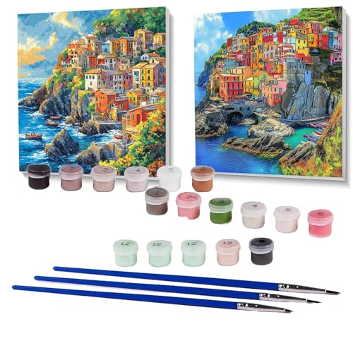 2 Pack Malen Nach Zahlen Erwachsene Meerblick, Malen Nach Zahlen auf Leinwand mit Pinsel und Acrylfarben set 100 x 100 cm, Bastelset Erwachsene Kleine Stadt, für Deko Wohnzimmer, Geschenke SPYH- 1924 von XELIETOO