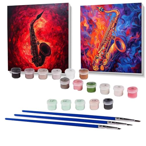 2 Pack Malen Nach Zahlen Erwachsene Musikinstrumente, Malen Nach Zahlen Kinder Sachs, Handgemaltes Ölgemälde Set für Anfänger, Bastelset Erwachsene Paint by Numbers, Geschenke 90x90cm SPYH-1197 von XELIETOO