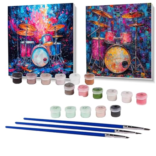 2 Pack Malen Nach Zahlen Erwachsene Musikinstrumente, Malen Nach Zahlen auf Leinwand mit Pinsel und Acrylfarben set 90 x 90cm, Bastelset Erwachsene Schlagzeug, für Deko Wohnzimmer Geschenke SPYH- 1208 von XELIETOO