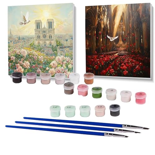 2 Pack Malen Nach Zahlen Erwachsene Notre Dame De Paris, Malen Nach Zahlen auf Leinwand mit Pinsel und Acrylfarben set 90x90 cm, Bastelset Erwachsene Taube, Deko Wohnzimmer Geschenke SPYH- 658 von XELIETOO