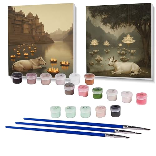 2 Pack Malen Nach Zahlen Erwachsene Ochse, Malen Nach Zahlen auf Leinwand mit Pinsel und Acrylfarben set 90x90 cm, Bastelset Erwachsene Indien, für Deko Wohnzimmer, Geschenke (Rahmenlos) SPYH-834 von XELIETOO