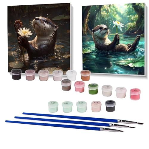 2 Pack Malen Nach Zahlen Erwachsene Otter, Malen Nach Zahlen Kinder Blume, Handgemaltes Ölgemälde Set für Anfänger, Bastelset Erwachsene Paint by Numbers, Deko Wohnzimmer Geschenke 100 x 100cm SPYH593 von XELIETOO