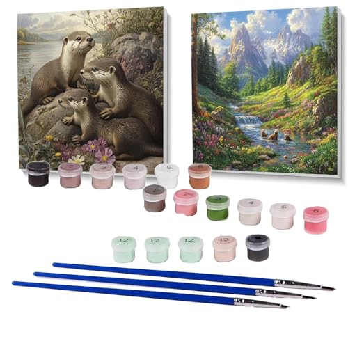 2 Pack Malen Nach Zahlen Erwachsene Otter, Malen Nach Zahlen Kinder Landschaft, Handgemaltes Ölgemälde Set für Anfänger, Bastelset Erwachsene Paint by Numbers, Zimmer Deko Geschenke 90x90cm SPYH-581 von XELIETOO