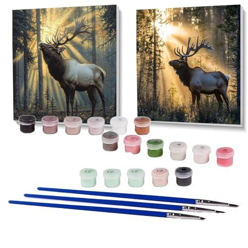 2 Pack Malen Nach Zahlen Erwachsene Reh, Malen Nach Zahlen Kinder Baum, Handgemaltes Ölgemälde Set für Anfänger, Bastelset Erwachsene Paint by Numbers, Zimmer Deko, Deko Wohnzimmer 90x90cm SPYH-1109 von XELIETOO