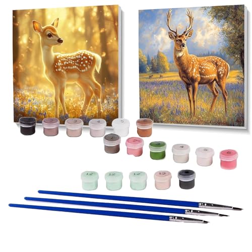 2 Pack Malen Nach Zahlen Erwachsene Reh, Malen Nach Zahlen auf Leinwand mit Pinsel und Acrylfarben set 90x90 cm, Bastelset Erwachsene Pflanzen, für Deko Wohnzimmer, Geschenke (Rahmenlos) SPYH-1098 von XELIETOO