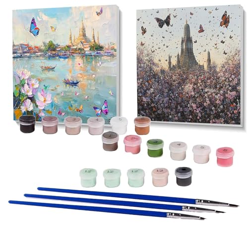 2 Pack Malen Nach Zahlen Erwachsene Schmetterling, Malen Nach Zahlen auf Leinwand mit Pinsel und Acrylfarben set 90x90 cm, Bastelset Erwachsene Landschaft, Deko Wohnzimmer Geschenke SPYH- 1758 von XELIETOO