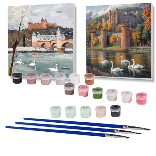 2 Pack Malen Nach Zahlen Erwachsene Schwan, Malen Nach Zahlen Kinder Burg, Handgemaltes Ölgemälde Set für Anfänger, Bastelset Erwachsene Paint by Numbers, Zimmer Deko, Geschenke 90 x 90 cm SPYH-559 von XELIETOO