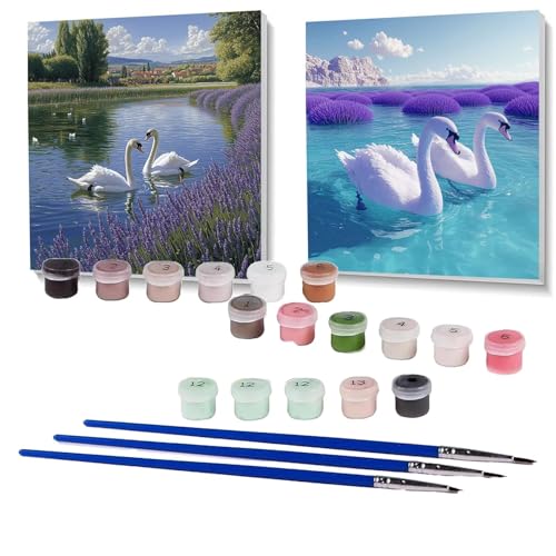 2 Pack Malen Nach Zahlen Erwachsene Schwan, Malen Nach Zahlen Kinder Landschaft, Handgemaltes Ölgemälde Set für Anfänger, Bastelset Erwachsene Paint by Numbers, Deko Wohnzimmer 100 x 100cm SPYH-549 von XELIETOO