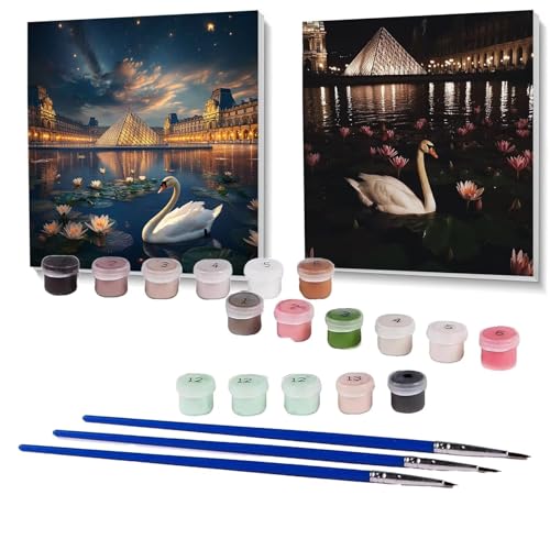 2 Pack Malen Nach Zahlen Erwachsene Schwan, Malen Nach Zahlen Kinder Louvre, Handgemaltes Ölgemälde Set für Anfänger, Bastelset Erwachsene Paint by Numbers, Zimmer Deko, Geschenke 90x90cm SPYH-537 von XELIETOO