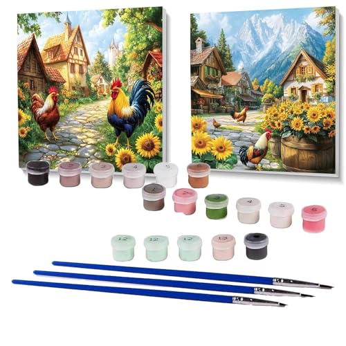 2 Pack Malen Nach Zahlen Erwachsene Sonnenblume, Malen Nach Zahlen Kinder Huhn, Handgemaltes Ölgemälde Set für Anfänger, Bastelset Erwachsene Paint by Numbers, Zimmer Deko Geschenke 90x90cm SPYH-317 von XELIETOO