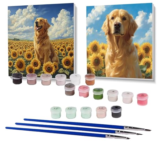 2 Pack Malen Nach Zahlen Erwachsene Sonnenblume, Malen Nach Zahlen Kinder Hund, Handgemaltes Ölgemälde Set für Anfänger, Bastelset Erwachsene Paint by Numbers, Geschenke für Frauen 90 x 90 cm SPYH-339 von XELIETOO