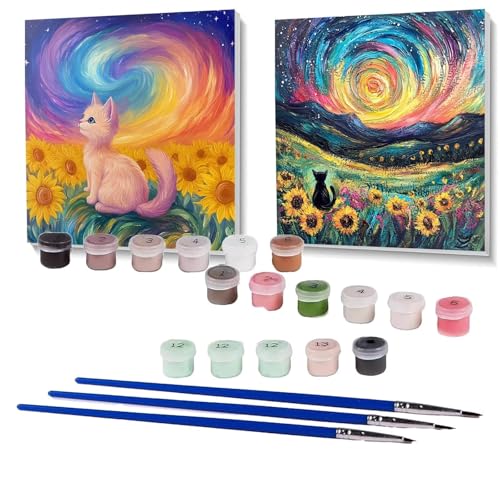 2 Pack Malen Nach Zahlen Erwachsene Sonnenblume, Malen Nach Zahlen Kinder Katze, Handgemaltes Ölgemälde Set für Anfänger, Bastelset Erwachsene Paint by Numbers, Geschenke für Frauen 100x100 cm SPYH307 von XELIETOO