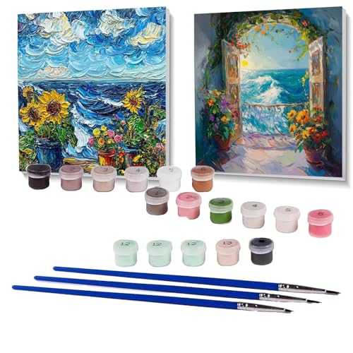 2 Pack Malen Nach Zahlen Erwachsene Sonnenblume, Malen Nach Zahlen Kinder Meer, Handgemaltes Ölgemälde Set für Anfänger, Bastelset Erwachsene Paint by Numbers, Geschenke für Frauen 100 x 100cm SPYH329 von XELIETOO