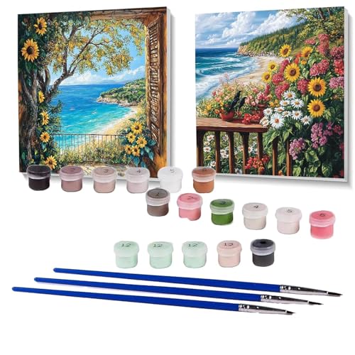 2 Pack Malen Nach Zahlen Erwachsene Sonnenblume, Malen Nach Zahlen Kinder Meer, Handgemaltes Ölgemälde Set für Anfänger, Bastelset Erwachsene Paint by Numbers, Geschenke für Frauen 100 x 100cm SPYH285 von XELIETOO