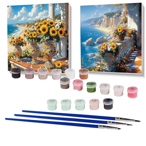 2 Pack Malen Nach Zahlen Erwachsene Sonnenblume, Malen Nach Zahlen auf Leinwand mit Pinsel und Acrylfarben set 50x50 cm, Bastelset Erwachsene Meerblick, für Deko Wohnzimmer, Geschenke SPYH-1930 von XELIETOO