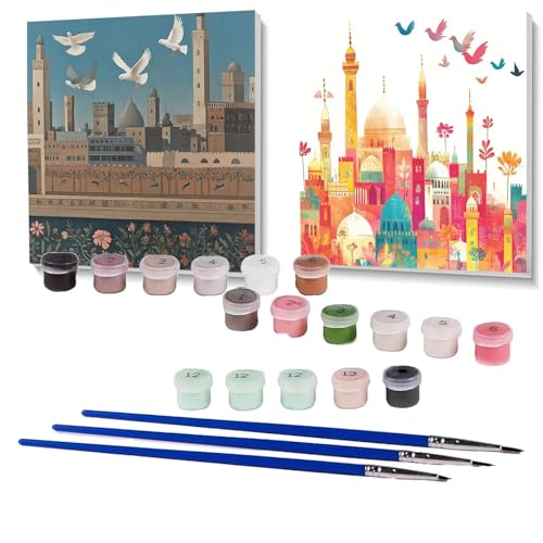 2 Pack Malen Nach Zahlen Erwachsene Taube, Malen Nach Zahlen auf Leinwand mit Pinsel und Acrylfarben set 30x30 cm, Bastelset Erwachsene Stadt, für Deko Wohnzimmer, Geschenke (Rahmenlos) SPYH-2016 von XELIETOO