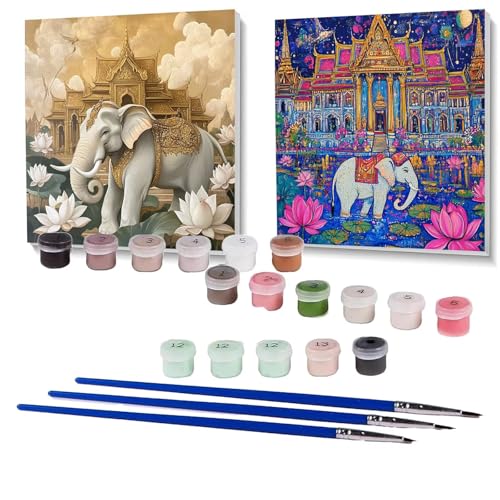 2 Pack Malen Nach Zahlen Erwachsene Tempel, Malen Nach Zahlen auf Leinwand mit Pinsel und Acrylfarben set 90 x 90cm, Bastelset Erwachsene Elefant, für Deko Wohnzimmer und Geschenke für Frauen SPYH-900 von XELIETOO