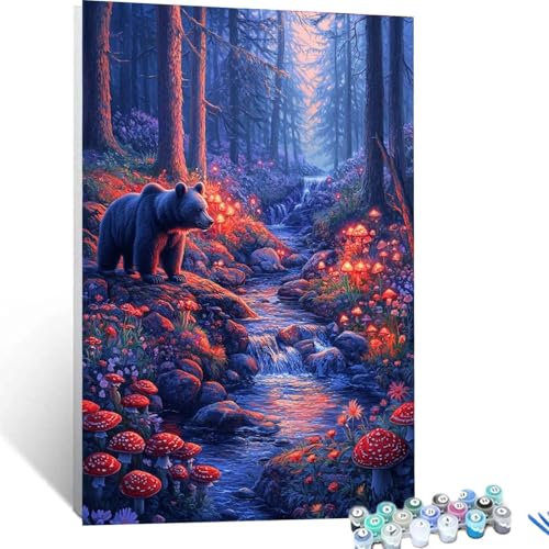 Malen Nach Zahlen Erwachsene Bär, Malen Nach Zahlen Kinder Pilz, DIY Handgemaltes Ölgemälde Set für Anfänger, Bastelset Erwachsene Paint by Numbers, Geschenke für Frauen und Zimmer Deko 30x40cm 8522 von XELIETOO